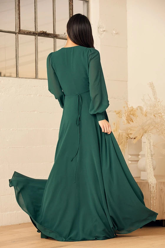 Weitese Formal Women's Dresses Deep V Neck Emerald Green Long Sleeve Slit Wrap Dress Prom Dress Stores