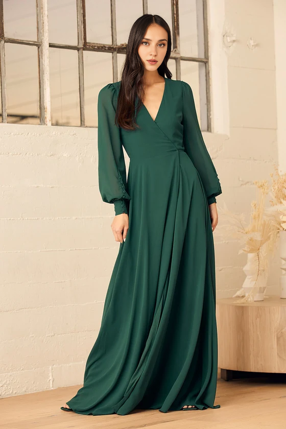 Weitese Formal Women's Dresses Deep V Neck Emerald Green Long Sleeve Slit Wrap Dress Prom Dress Stores
