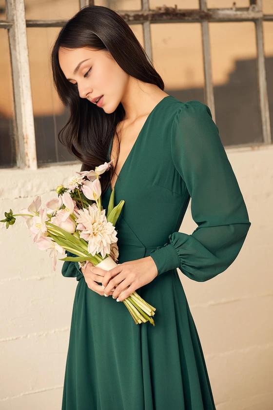 Weitese Formal Women's Dresses Deep V Neck Emerald Green Long Sleeve Slit Wrap Dress Prom Dress Stores