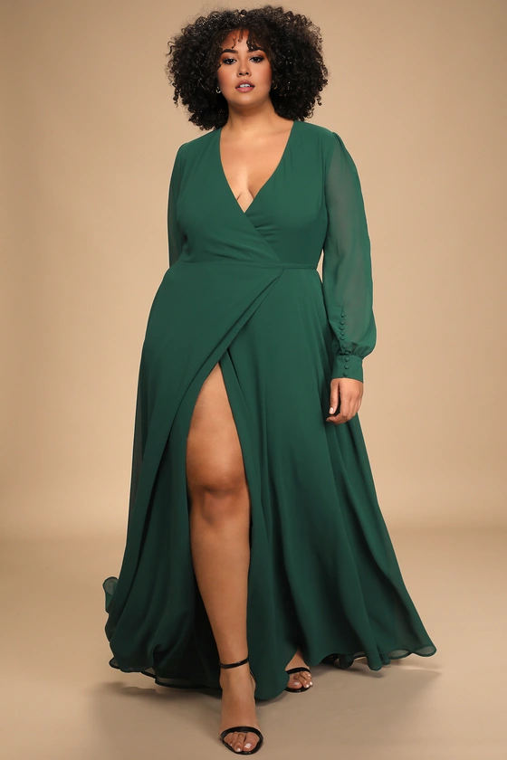 Weitese Formal Women's Dresses Deep V Neck Emerald Green Long Sleeve Slit Wrap Dress Prom Dress Stores