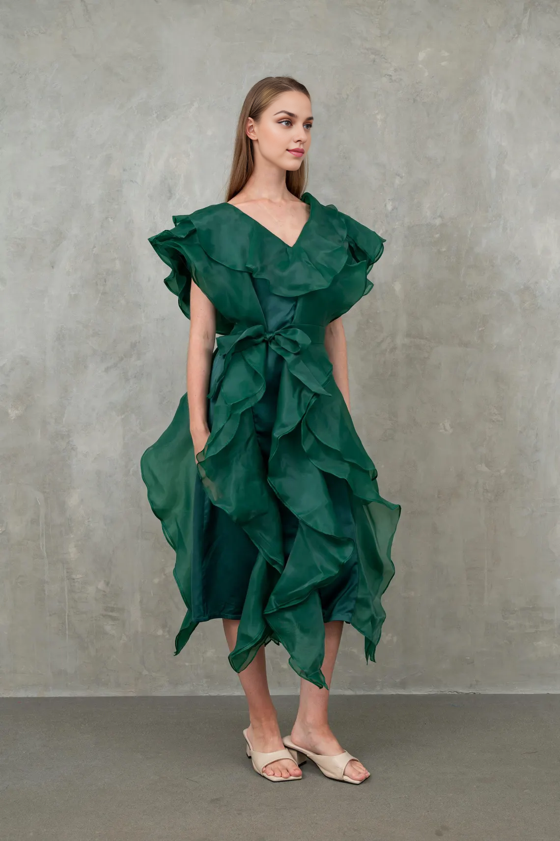 Emerald Green Party Ruffle Dress Off Shoulder Wedding Guest Dress Classy Elegant Dress Pretty Gown Feminine Ruffle Prom Dress