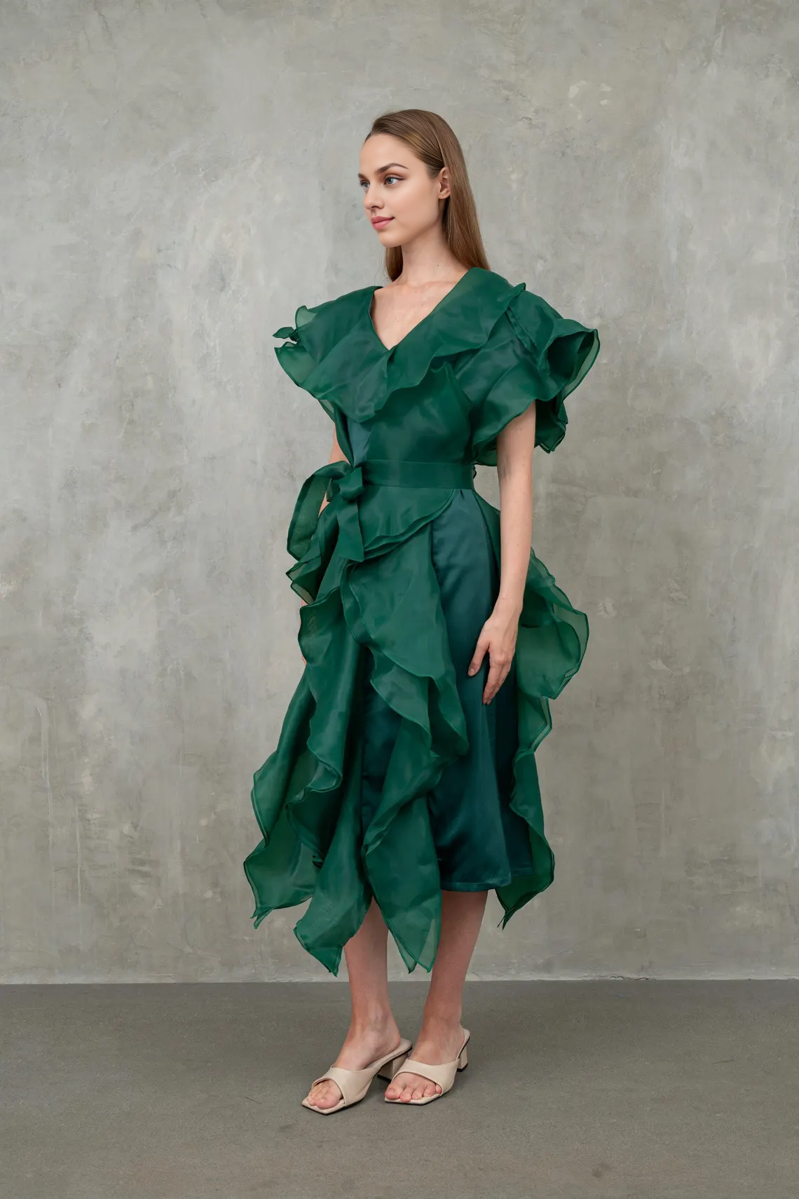 Emerald Green Party Ruffle Dress Off Shoulder Wedding Guest Dress Classy Elegant Dress Pretty Gown Feminine Ruffle Prom Dress