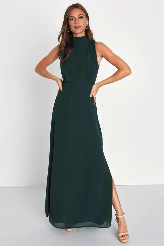 Weitese Formal Women's Dresses Classic Elegance Emerald Chiffon Sleeveless Half Hight Neck Maxi Dress Prom Dress Stores