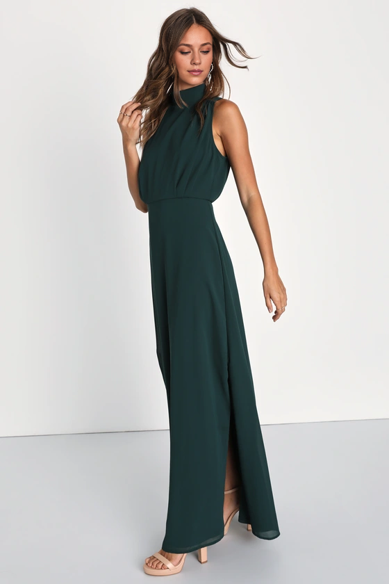 Weitese Formal Women's Dresses Classic Elegance Emerald Chiffon Sleeveless Half Hight Neck Maxi Dress Prom Dress Stores
