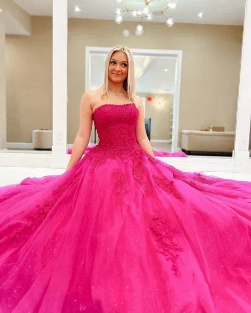 Enchanting A-Line Strapless Sweetheart Lace-Up Corset Floor-Length Tulle Evening Ball Gown