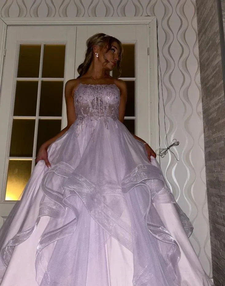 Enchanting A-Line Strapless Sweetheart Lace-Up Corset Tiered Tulle Floor-Length Evening Ball Gown