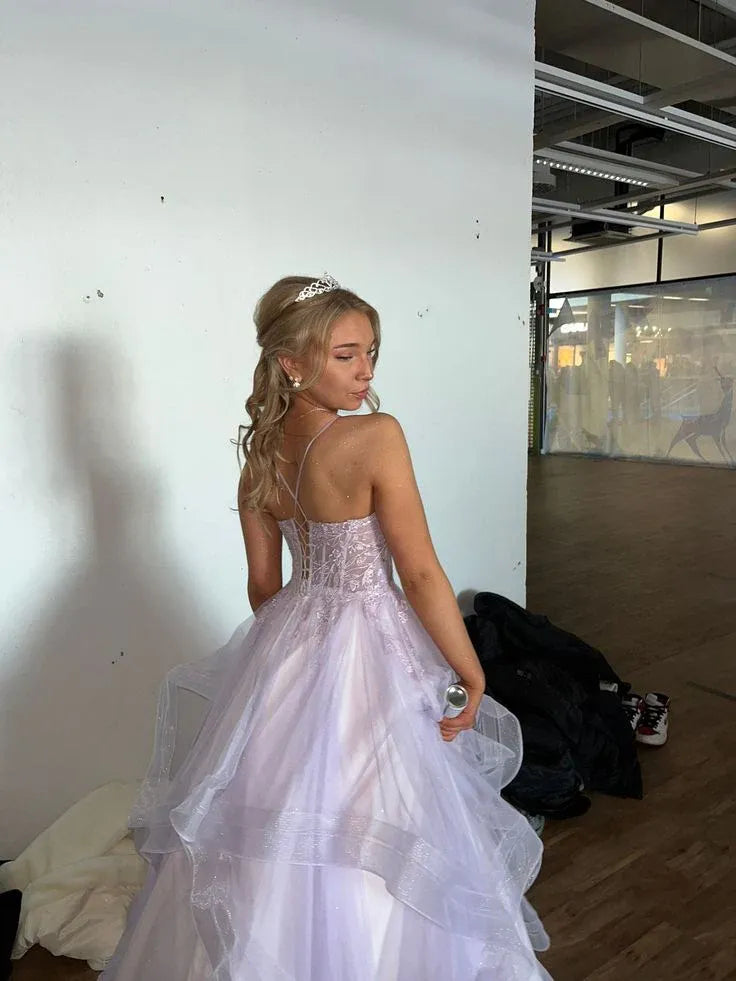 Enchanting A-Line Strapless Sweetheart Lace-Up Corset Tiered Tulle Floor-Length Evening Ball Gown