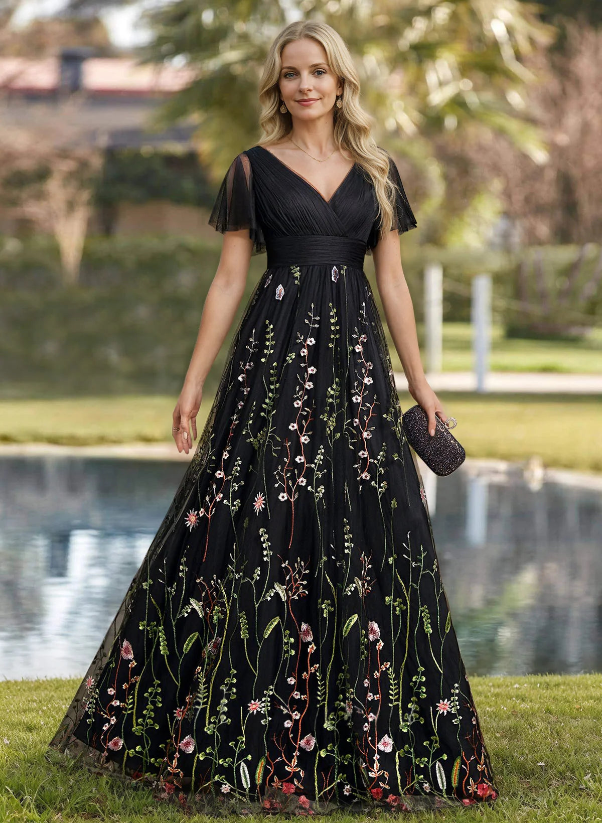 Enchanting Black Floral Embroidered Tulle A-Line Evening Gown with Flutter Sleeves