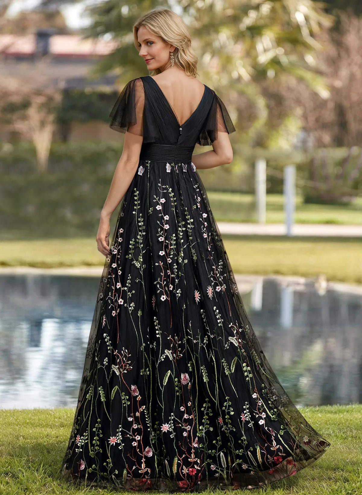 Enchanting Black Floral Embroidered Tulle A-Line Evening Gown with Flutter Sleeves