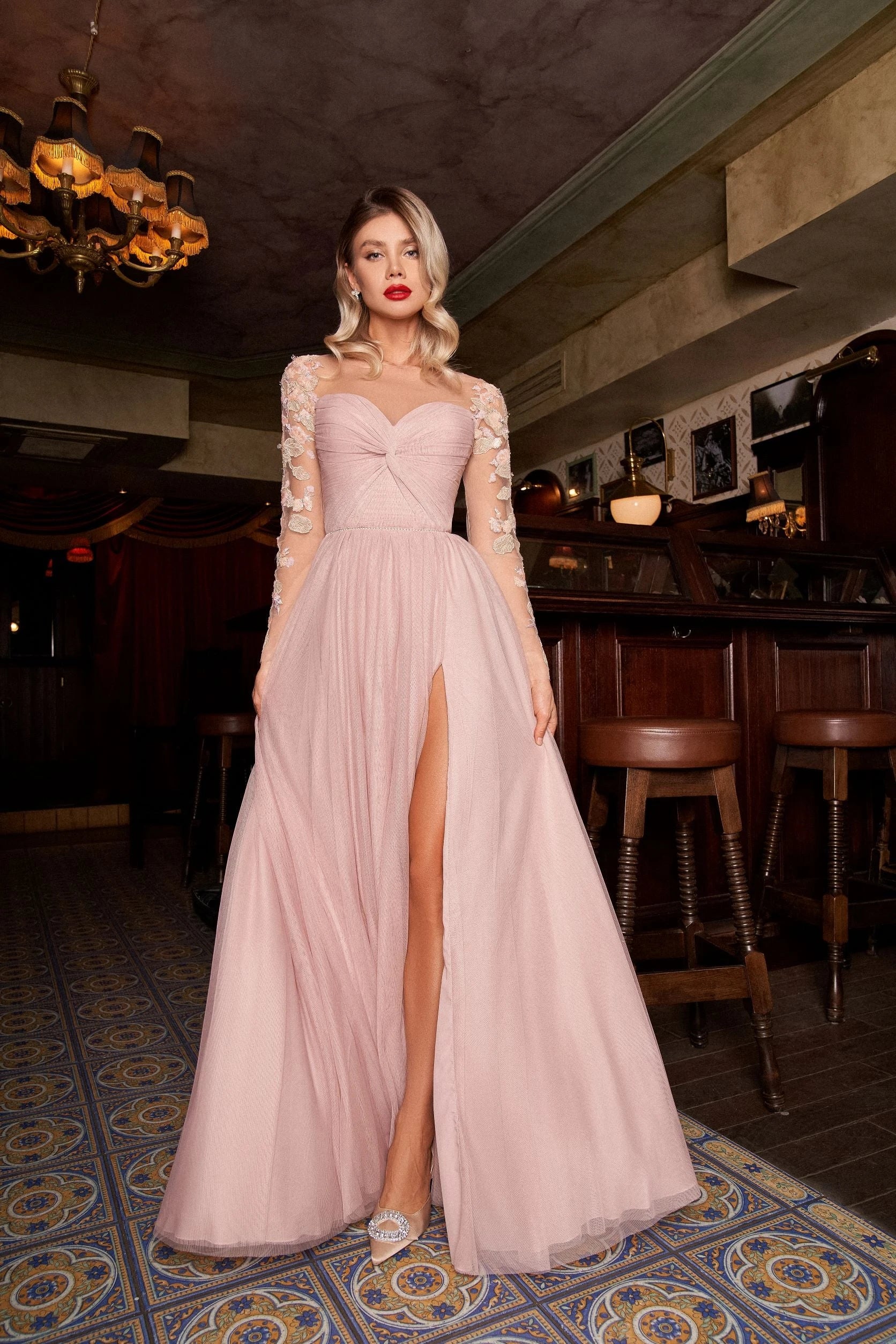 Enchanting A-Line Sweetheart Long Sleeved Floral Chiffon Dusty Pink Floor-Length Prom Dress