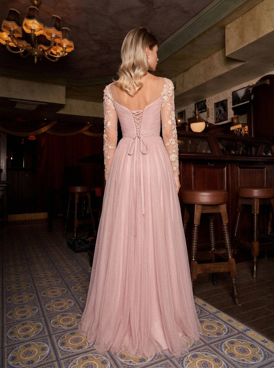 Enchanting A-Line Sweetheart Long Sleeved Floral Chiffon Dusty Pink Floor-Length Prom Dress