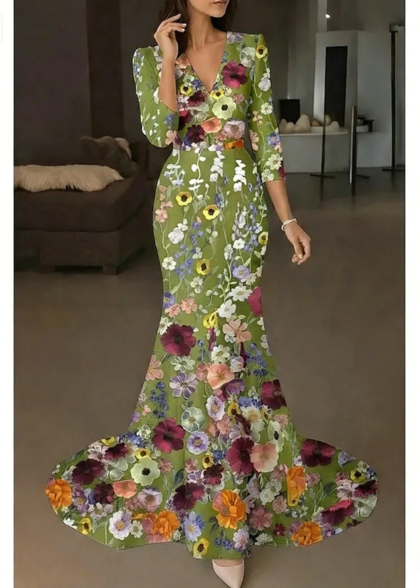 Enchanting Mermaid V-Neck 3D-Floral 3/4-Sleeve Light Blue Floor-Length Party Dress