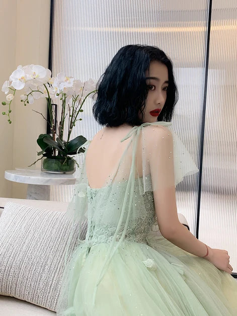 Sage Green Lace Tulle A Line Prom Dress Sheer Flutter Strap 3D Floral Bodice
