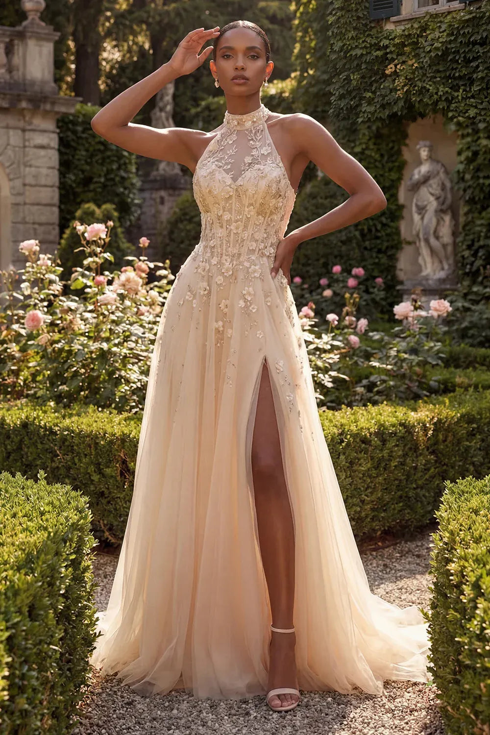 Ethereal A-Line Halter Sleeveless Floral Tulle Maxi Wedding Dress