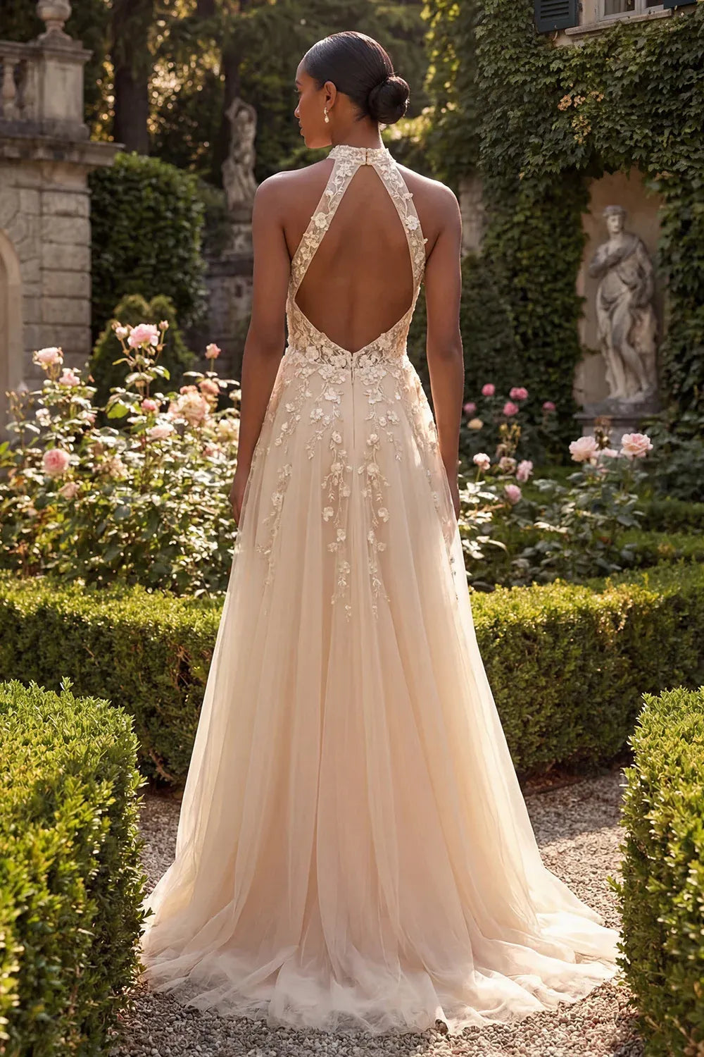 Ethereal A-Line Halter Sleeveless Floral Tulle Maxi Wedding Dress