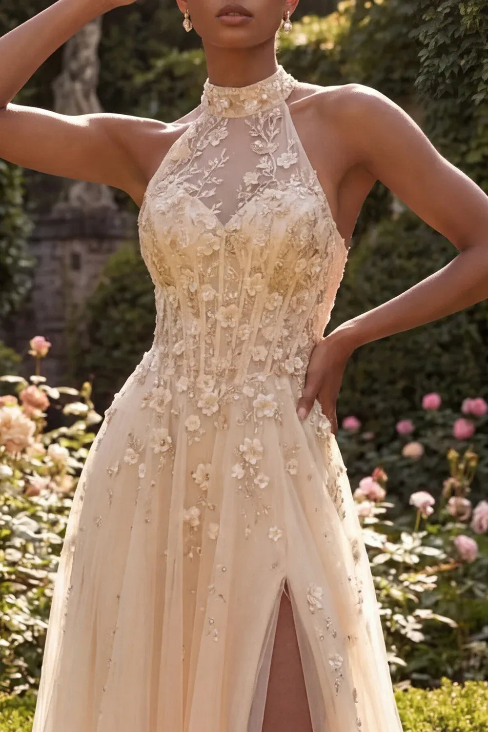 Ethereal A-Line Halter Sleeveless Floral Tulle Maxi Wedding Dress