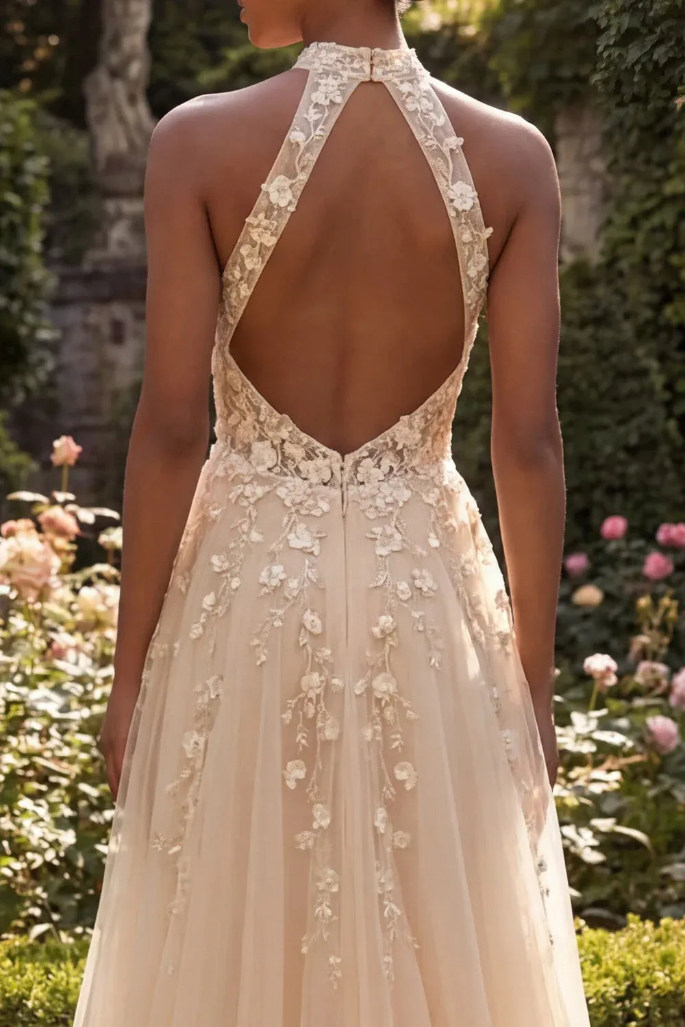 Ethereal A-Line Halter Sleeveless Floral Tulle Maxi Wedding Dress