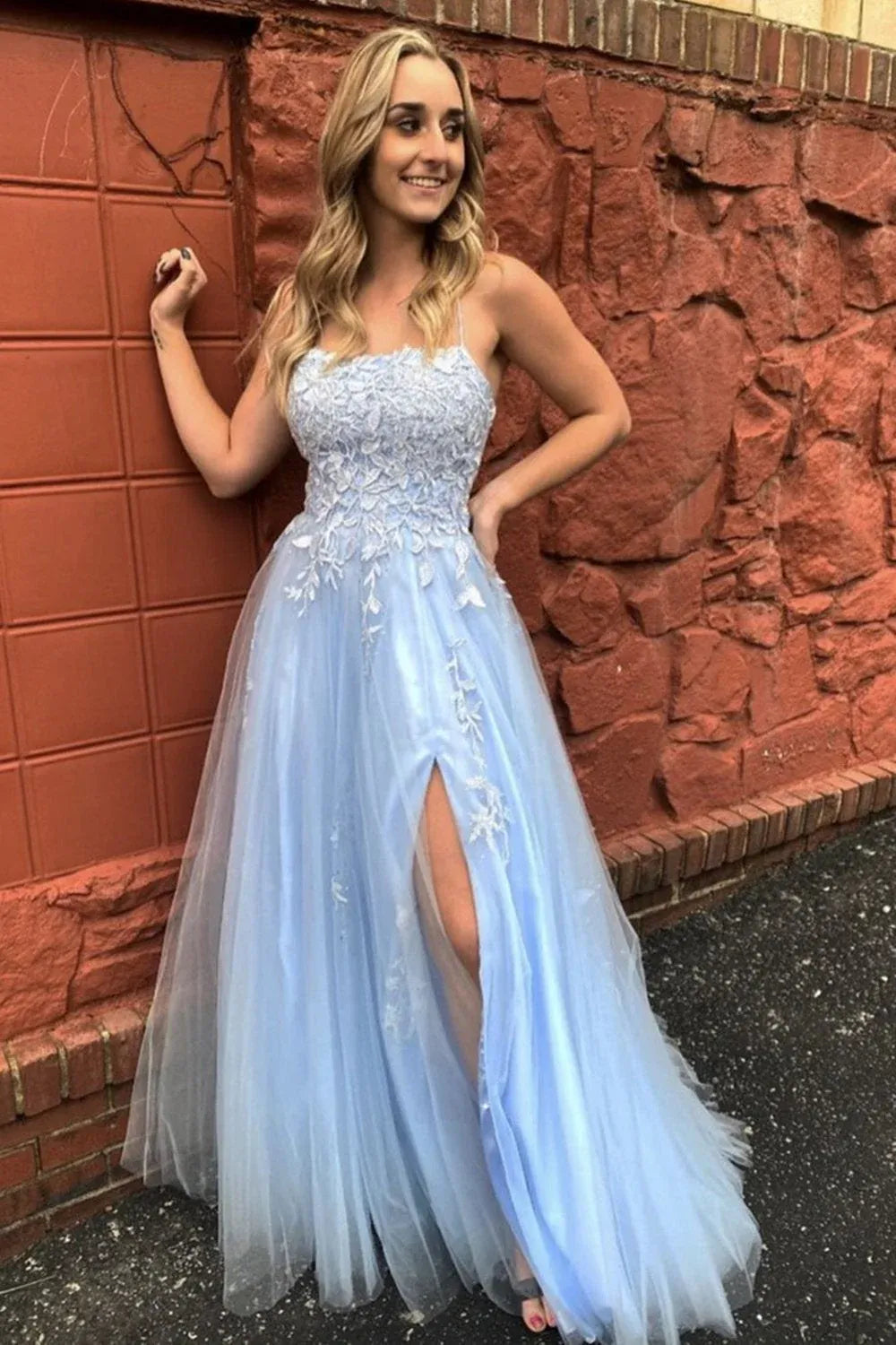 Ethereal A-Line Spaghetti Strap Lace Tulle Maxi Prom Dress with Slit
