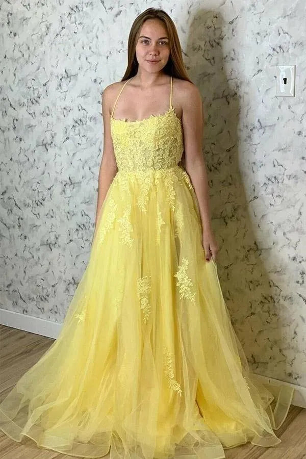 Ethereal A-Line Spaghetti Strap Lace Tulle Maxi Prom Dress