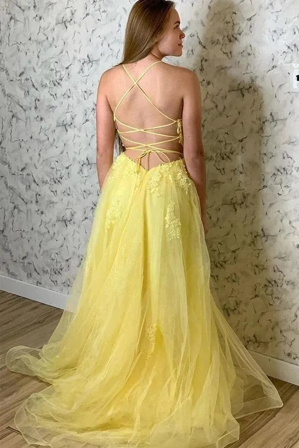 Ethereal A-Line Spaghetti Strap Lace Tulle Maxi Prom Dress