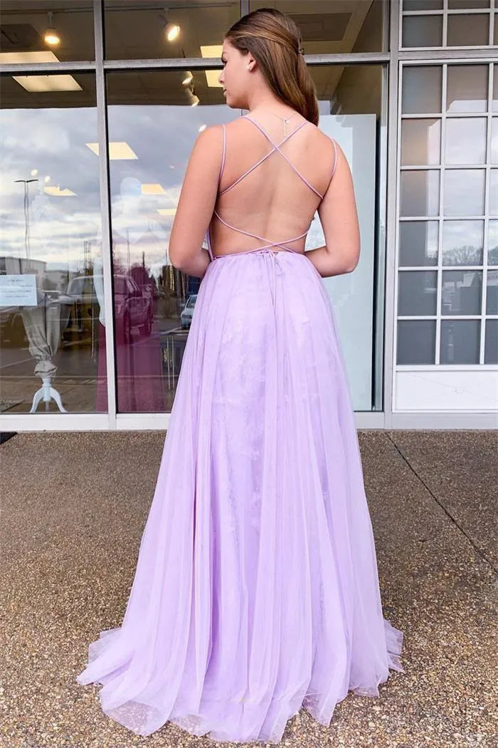 Ethereal A-Line Spaghetti Strap Lace Tulle Prom Dress with Slit