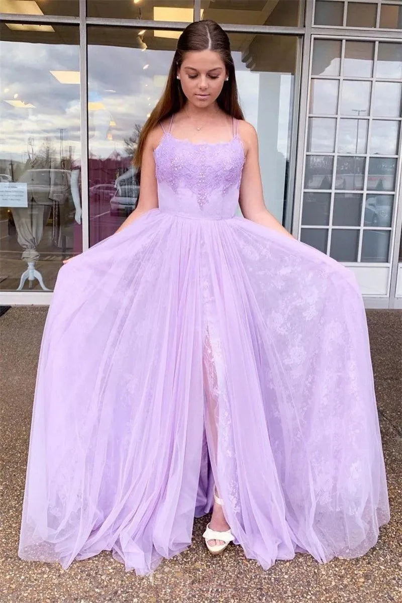 Ethereal A-Line Spaghetti Strap Lace Tulle Prom Dress with Slit