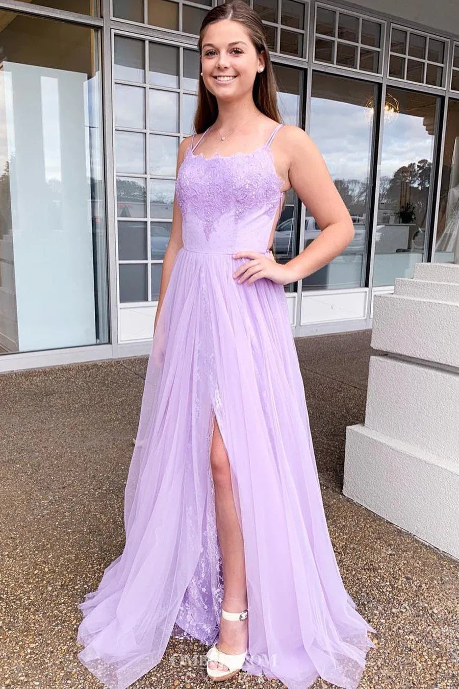 Ethereal A-Line Spaghetti Strap Lace Tulle Prom Dress with Slit