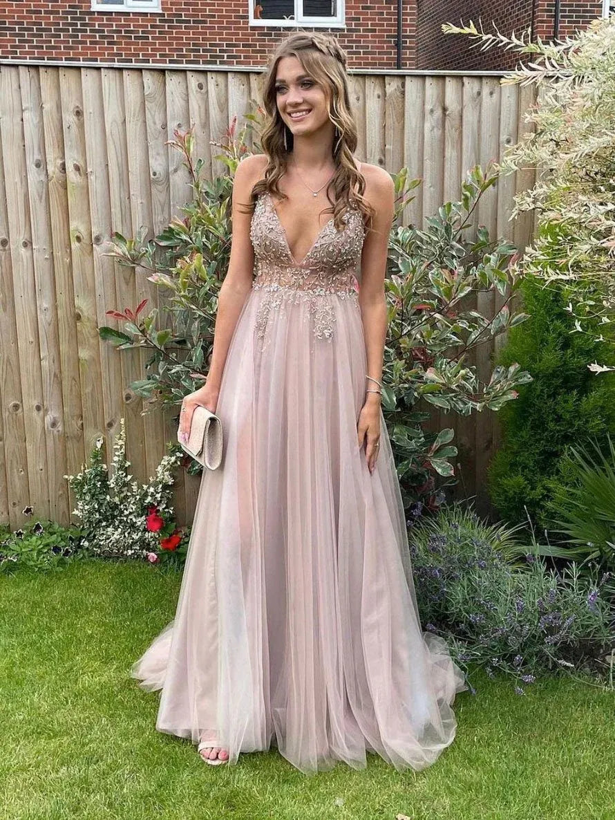 Ethereal A-Line V Neck Spaghetti Strap Beaded Tulle Maxi Prom Dress