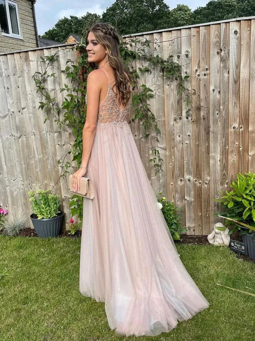 Ethereal A-Line V Neck Spaghetti Strap Beaded Tulle Maxi Prom Dress