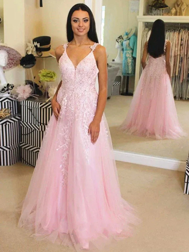 Ethereal A-Line V-Neck Spaghetti Strap Lace Tulle Maxi Prom Dress