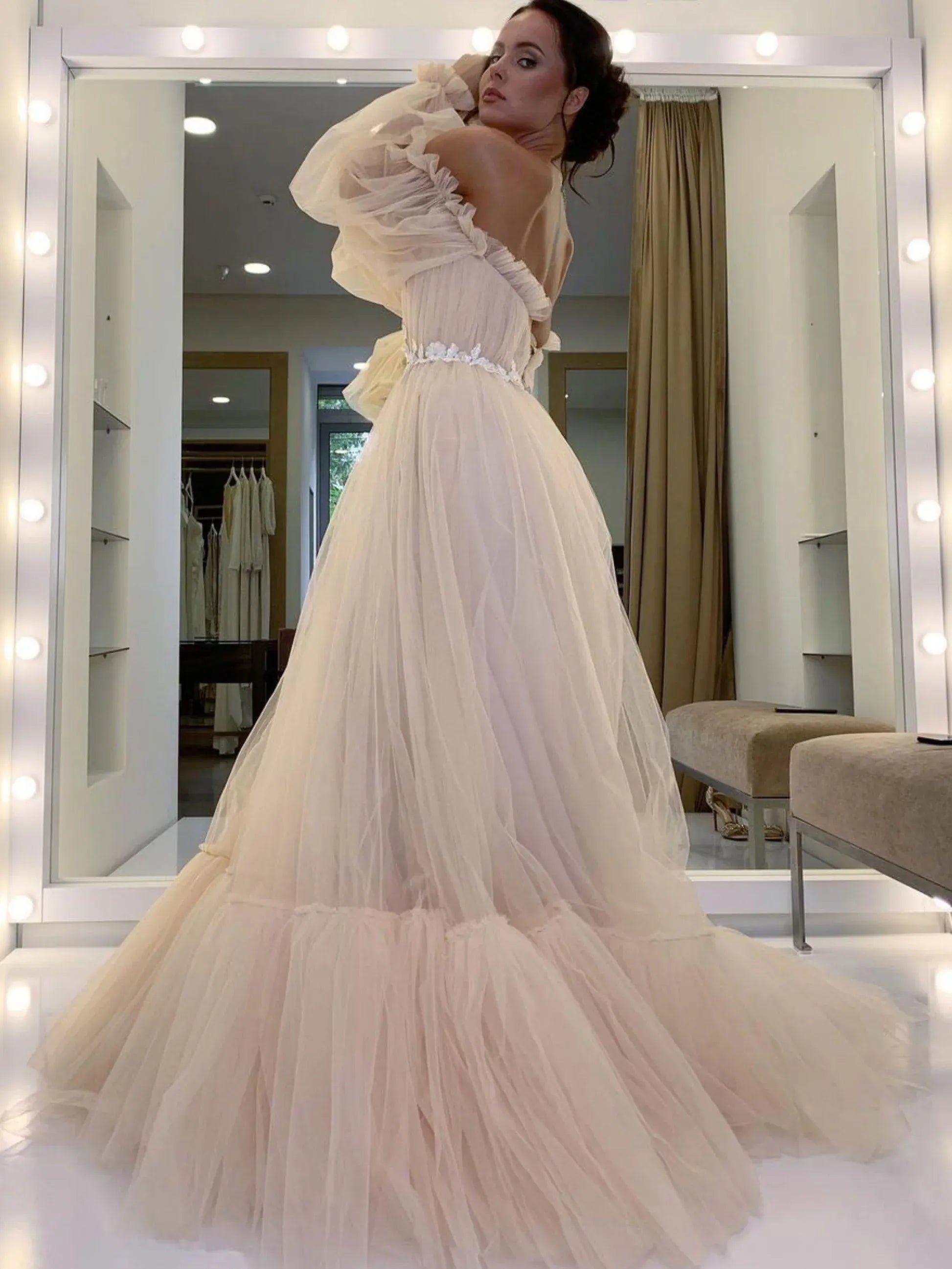 Ethereal Ball Gown Off Shoulder Puff Sleeve Tulle Maxi Prom Dress