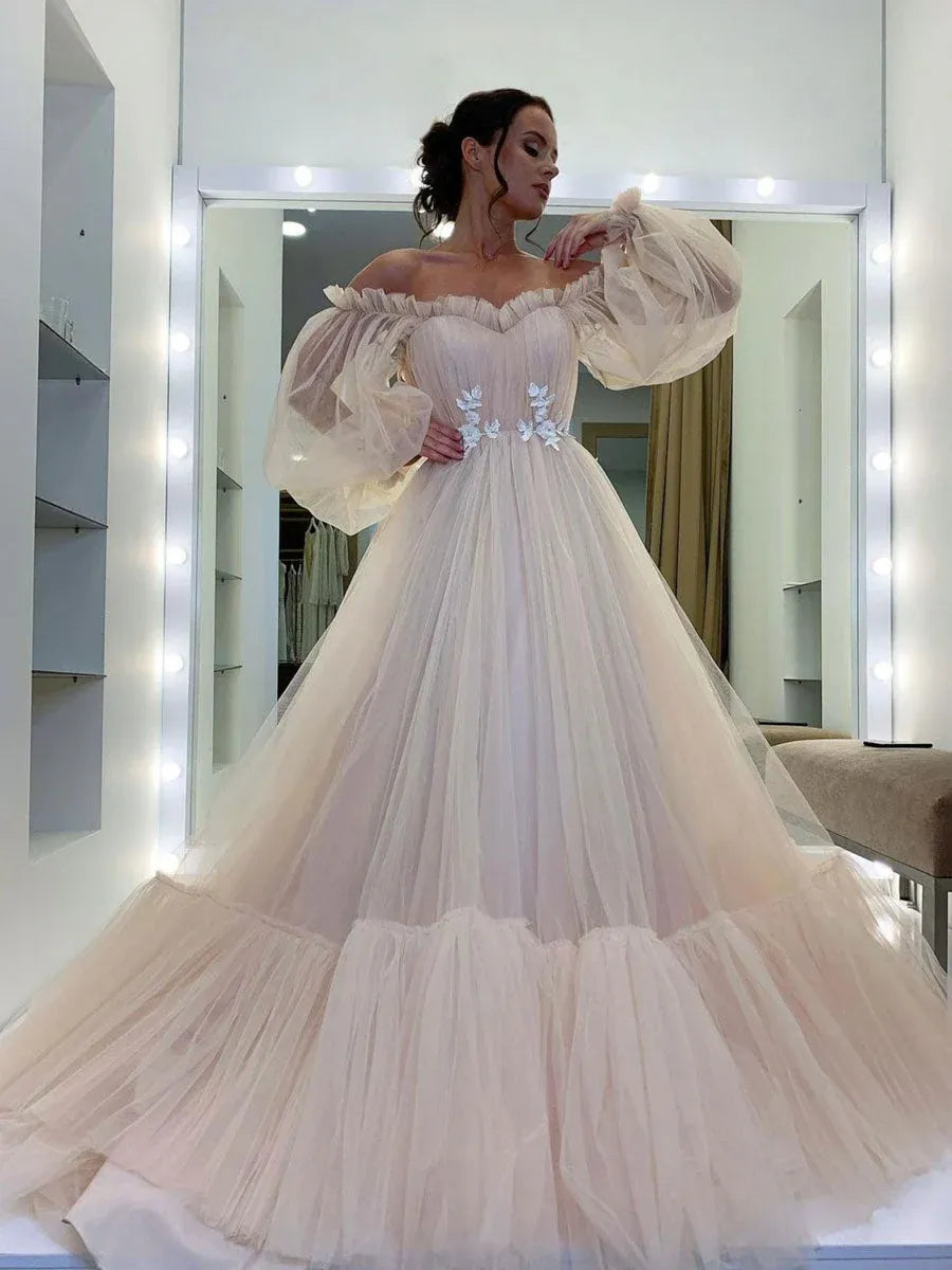 Ethereal Ball Gown Off Shoulder Puff Sleeve Tulle Maxi Prom Dress
