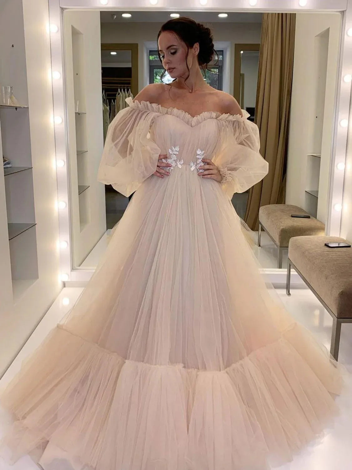 Ethereal Ball Gown Off Shoulder Puff Sleeve Tulle Maxi Prom Dress