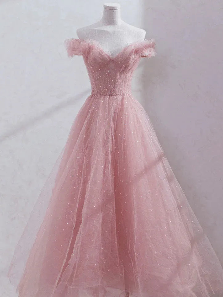 Ethereal Ball Gown Off Shoulder Ruffle Glitter Tulle Maxi Prom Dress