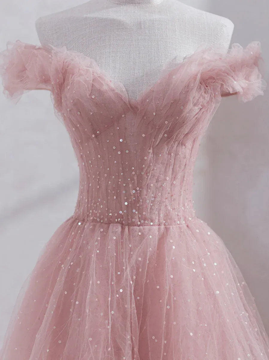 Ethereal Ball Gown Off Shoulder Ruffle Glitter Tulle Maxi Prom Dress