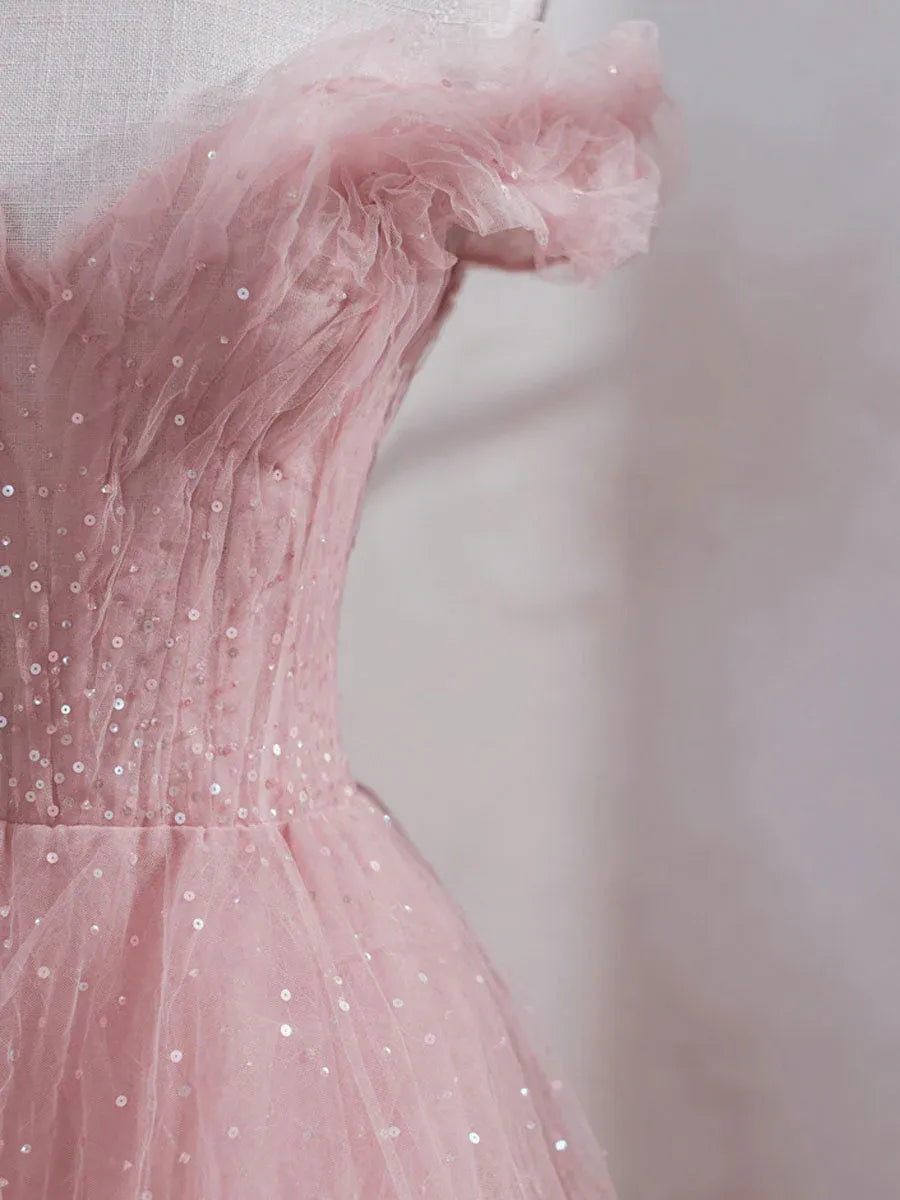 Ethereal Ball Gown Off Shoulder Ruffle Glitter Tulle Maxi Prom Dress