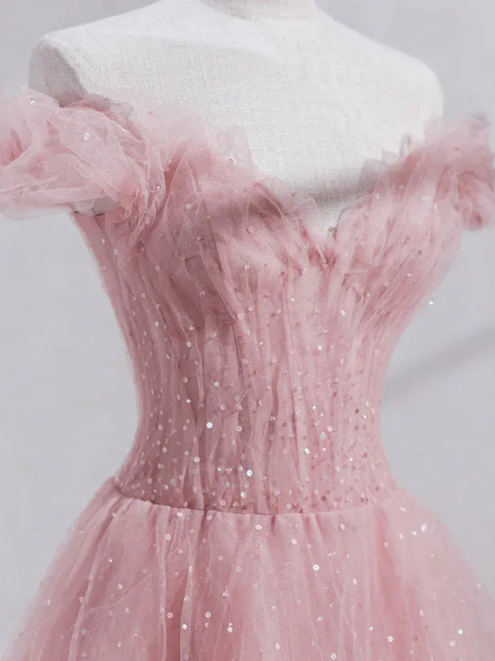 Ethereal Ball Gown Off Shoulder Ruffle Glitter Tulle Maxi Prom Dress