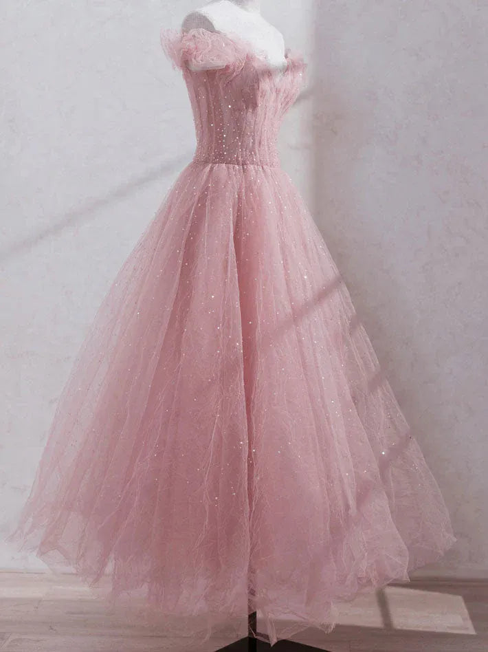 Ethereal Ball Gown Off Shoulder Ruffle Glitter Tulle Maxi Prom Dress