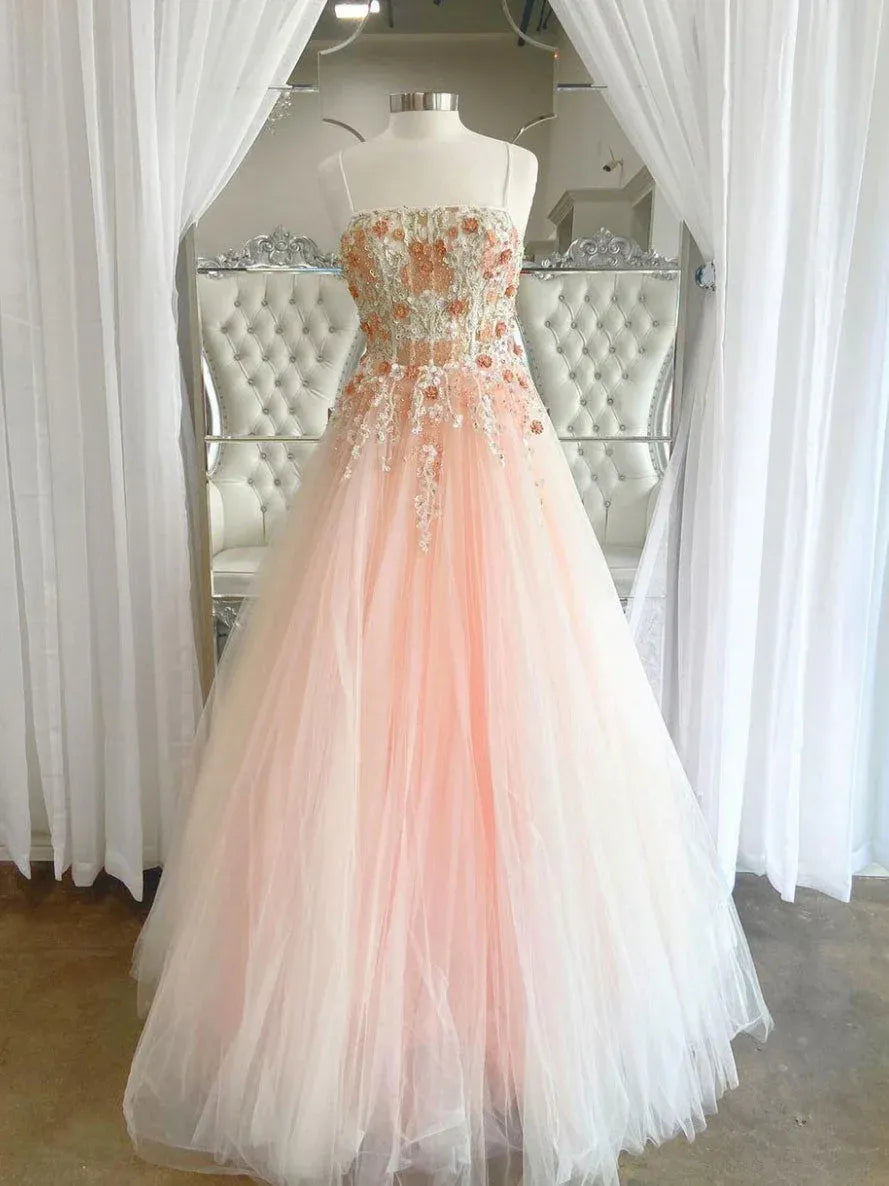 Ethereal Ball Gown Spaghetti Strap 3D Floral Lace Tulle Maxi Prom Dress