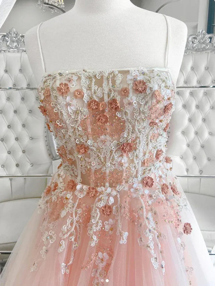 Ethereal Ball Gown Spaghetti Strap 3D Floral Lace Tulle Maxi Prom Dress