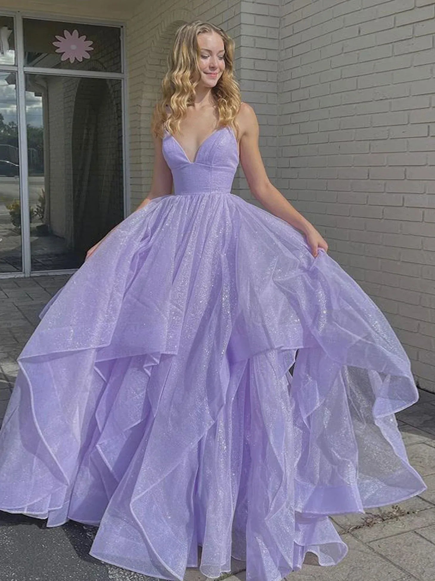 Ethereal Ball Gown Spaghetti Strap Glitter Tulle Maxi Prom Dress