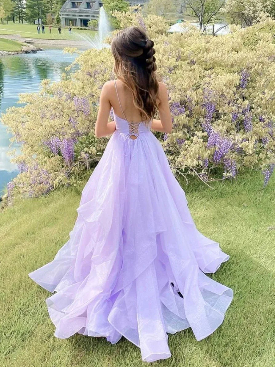 Ethereal Ball Gown Spaghetti Strap Glitter Tulle Maxi Prom Dress
