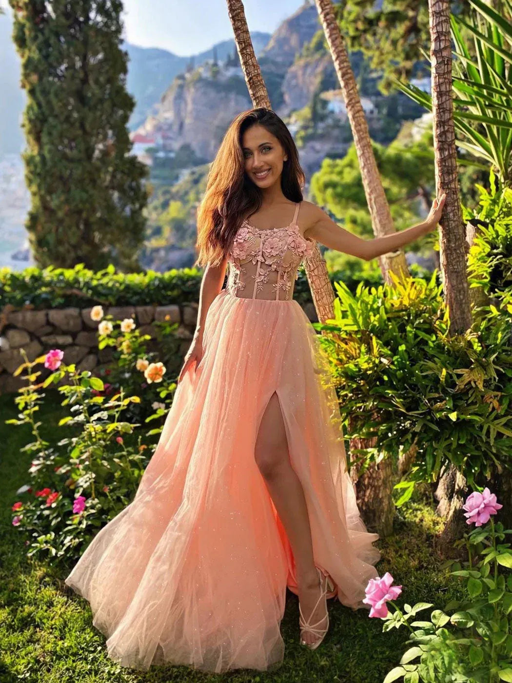 Ethereal Spaghetti Strap Floral Applique Tulle Prom Dress with Slit