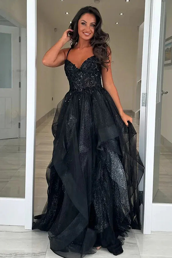 Ethereal A-Line Spaghetti Strap Appliques Ruffle Tulle Prom Gown