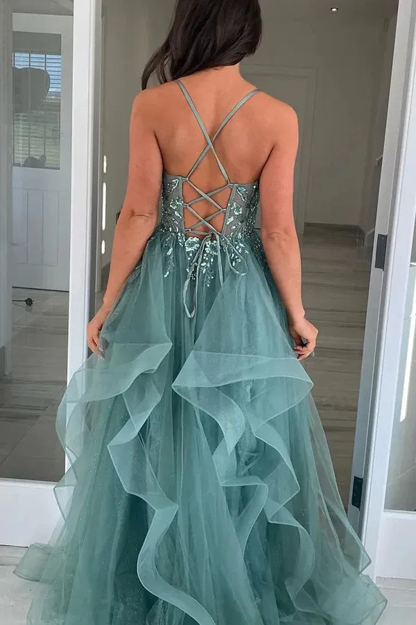 Ethereal A-Line Spaghetti Strap Appliques Ruffle Tulle Prom Gown