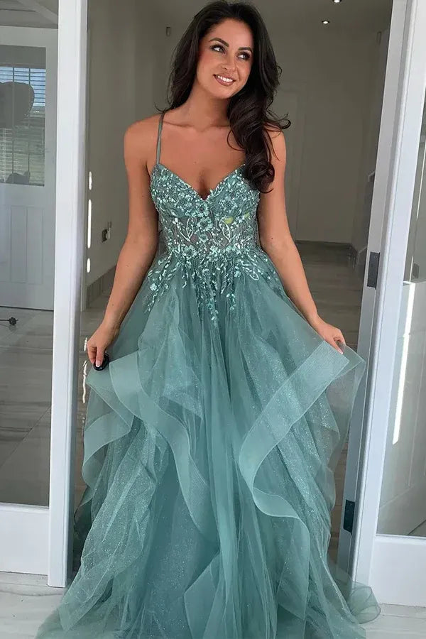 Ethereal A-Line Spaghetti Strap Appliques Ruffle Tulle Prom Gown