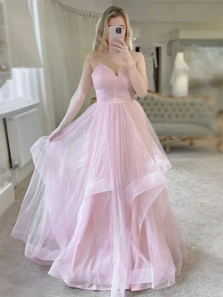 Ethereal Ball Gown Spaghetti Strap Glitter Tulle Maxi Prom Dress