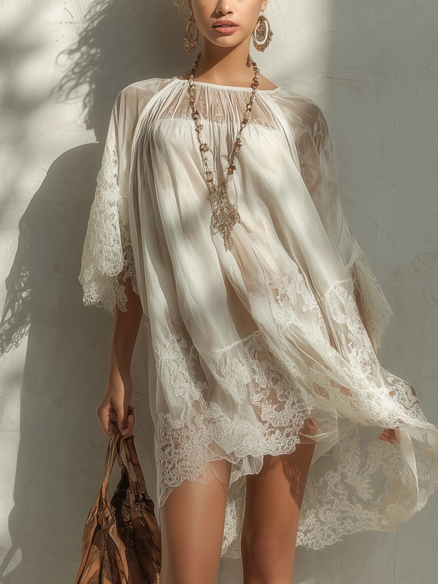 Ethereal Loose A-Line Round Neck Lace Sleeve Sheer Chic Ivory Mini Homecoming Dress