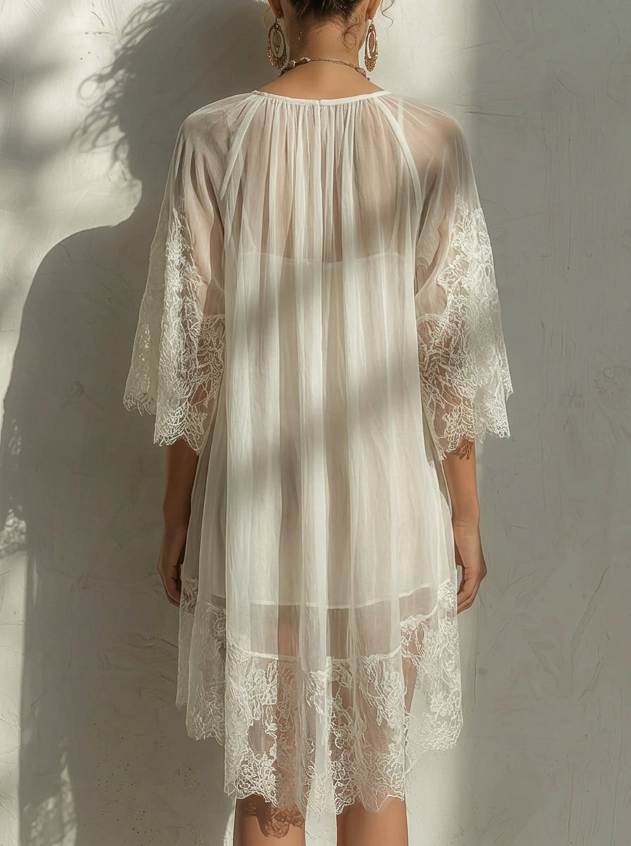 Ethereal Loose A-Line Round Neck Lace Sleeve Sheer Chic Ivory Mini Homecoming Dress