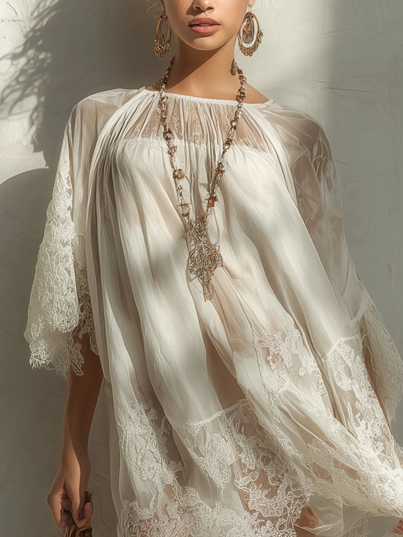 Ethereal Loose A-Line Round Neck Lace Sleeve Sheer Chic Ivory Mini Homecoming Dress